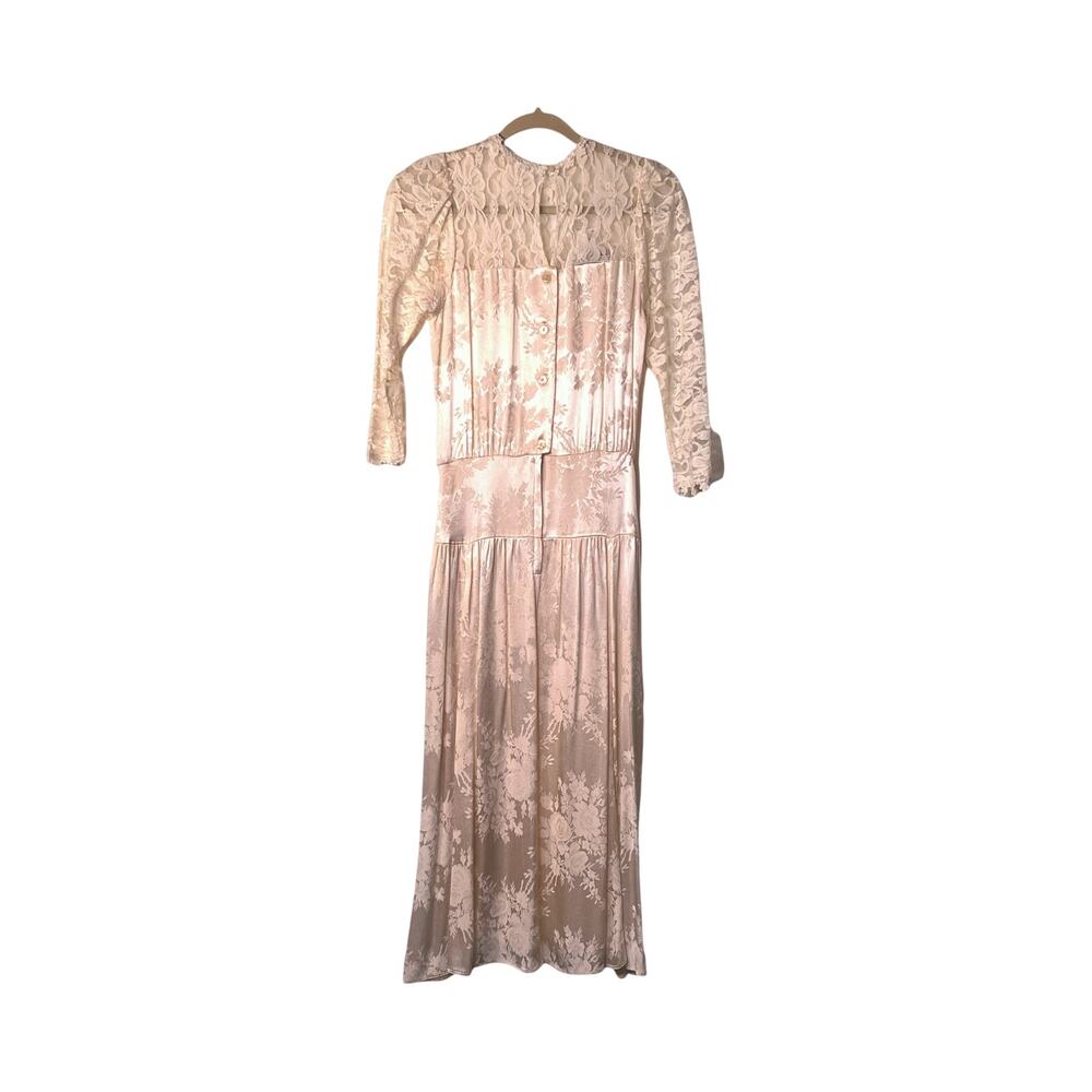 Jessica McClintock Dress Size 4 Pink Satin White Lace Prairie Cottage Vintage 80